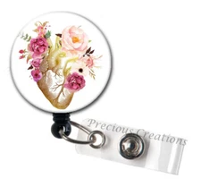 Floral Heart ID Badge Reel Holder Clip Retractable RT Tech Nurse PT OT