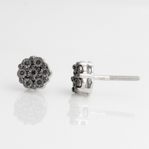 Natural Round Diamond Accents Flower Stud Earrings 14K White Gold Plated Silver - Picture 4 of 6