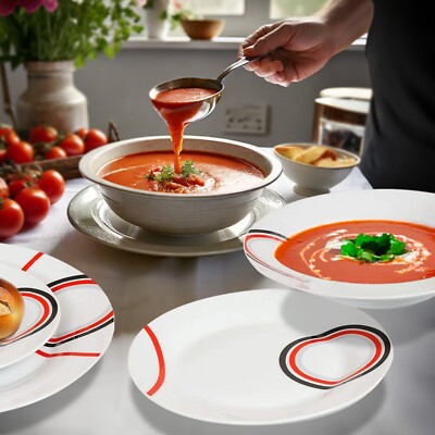 NEU 16-TLG. GESCHIRRSET SCHÜSSEL TELLER BECHER SUPPENBEILAGE PORZELLANTASSE ROT & SCHWARZ DESIGN 