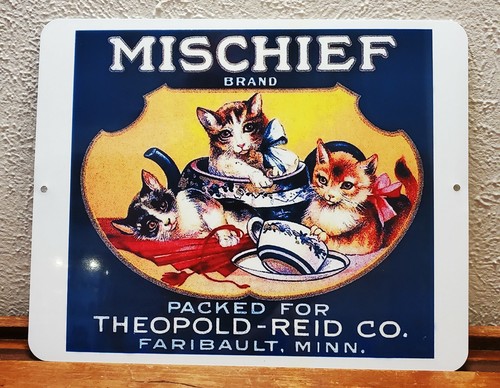 Vintage Cat Tin Metal Sign 10x8 Mischief Brand Tea Kittens Label Pot Cup Saucer - Picture 3 of 4