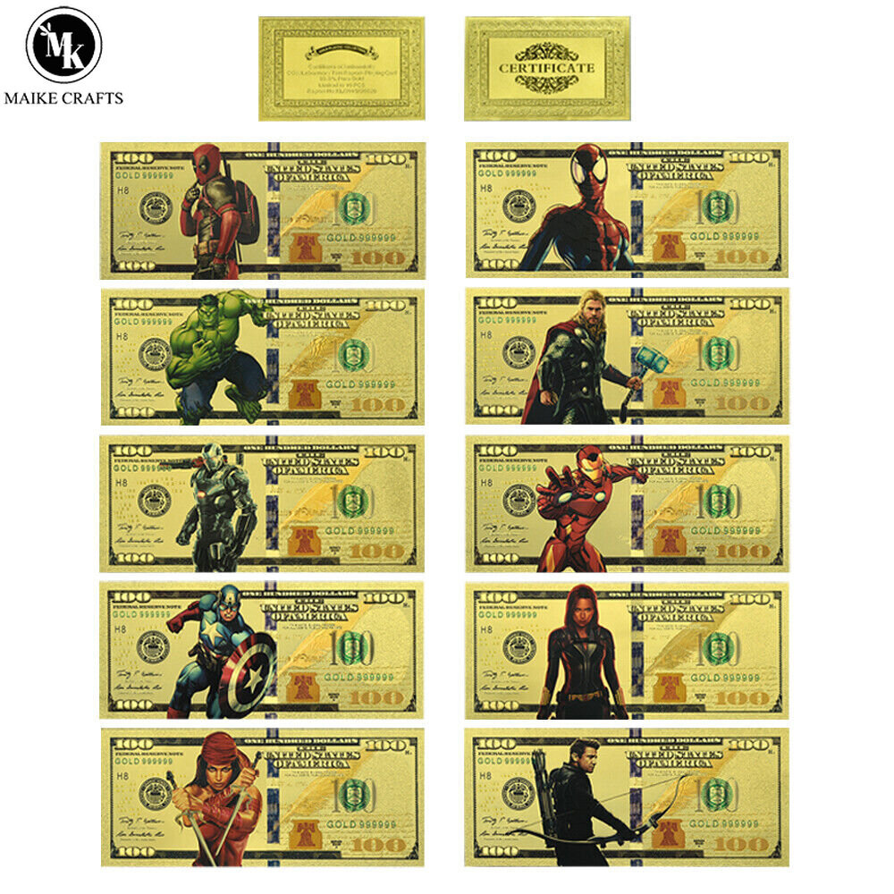 10 piezas/juego de billetes de papel de oro de Marvel Superhéroe colección Spider-Man Thor regalo