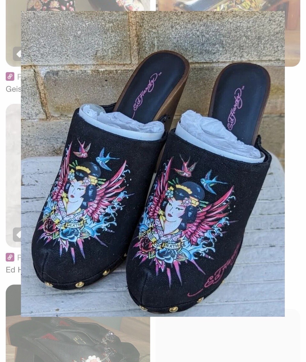 Ed Hardy Geisha Studded Clogs Heels Mules Black Wood-heel