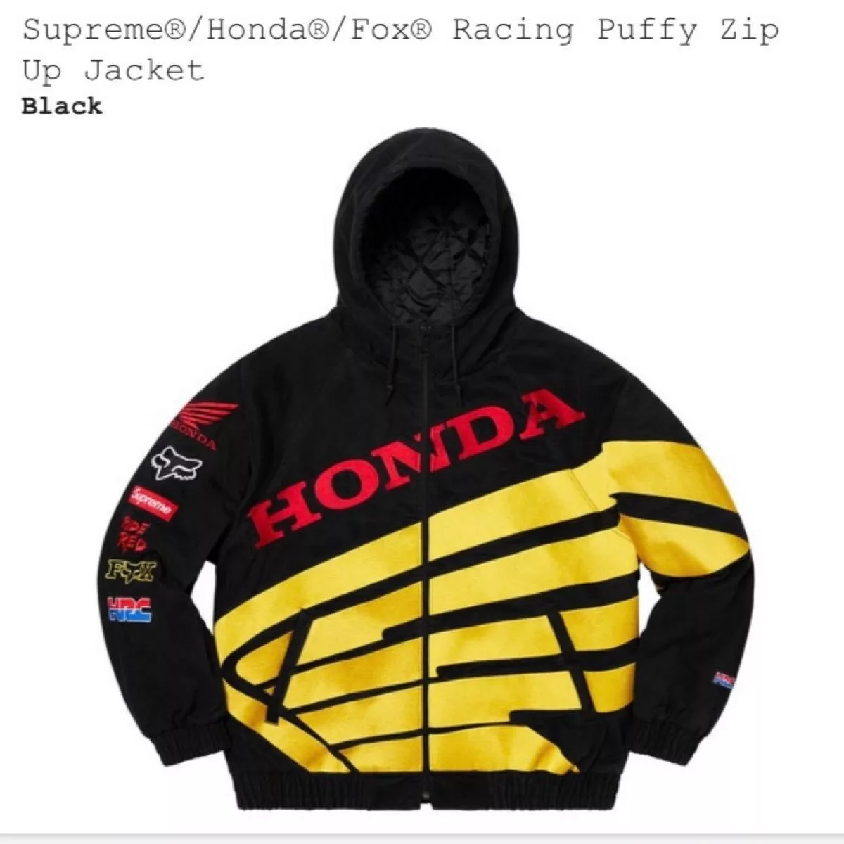 Veste gonflée gonflée neuve Supreme Honda Fox Racing noire FW19 2019 taille S