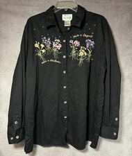 The Quacker Factory Button Up Shirt Long Sleeve Flowers Bouquet Embroidered 1X