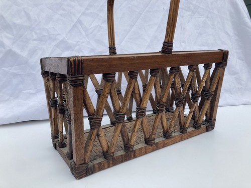Vtg Rattan Bamboo Mid Century Wicker Tote Carrier Basket Tiki Boho Bentwood - Picture 19 of 24