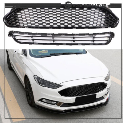 2pcs Front Bumper Upper+lower Grille Grill Kit Black For Ford Fusion 2013 -2016