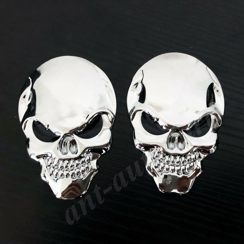 2x 3D Big Black Metal Skull Skeleton Evil Bone Car Emblem Badge
