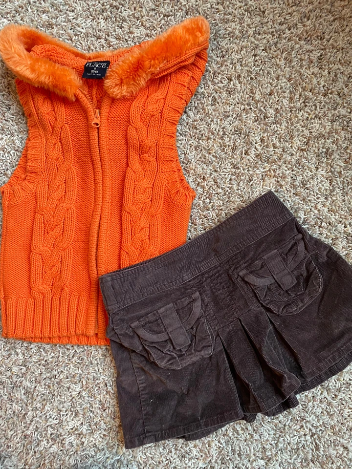 Girl 2pc Sz5 Outfit Set~Sweater Vest Top~Corduroy skirt~Fall~Winter~Orange~Brown - Image 2 of 4