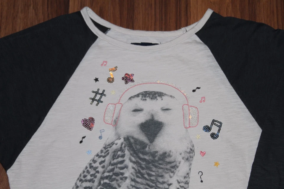 Girl GAP KIDS - WOODLANDS Gray & Cream OWL Graphic Sequin Raglan Shirt Top L 10  - Image 3 of 3
