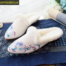 Lady Chinese Plush Fleece Lined Slippers Embroidery Loafers Mule Shoes Soft