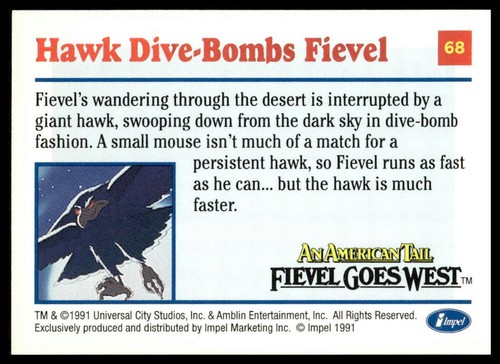 1991 Impel An American Tail: Fievel Goes West #68 Hawk Dive-Bombs Fievel Card - Picture 2 of 2