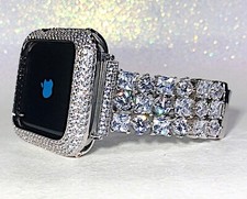 46 series 10/11 14k white gold lab Diamond Apple Watch  case + Apple Watch band