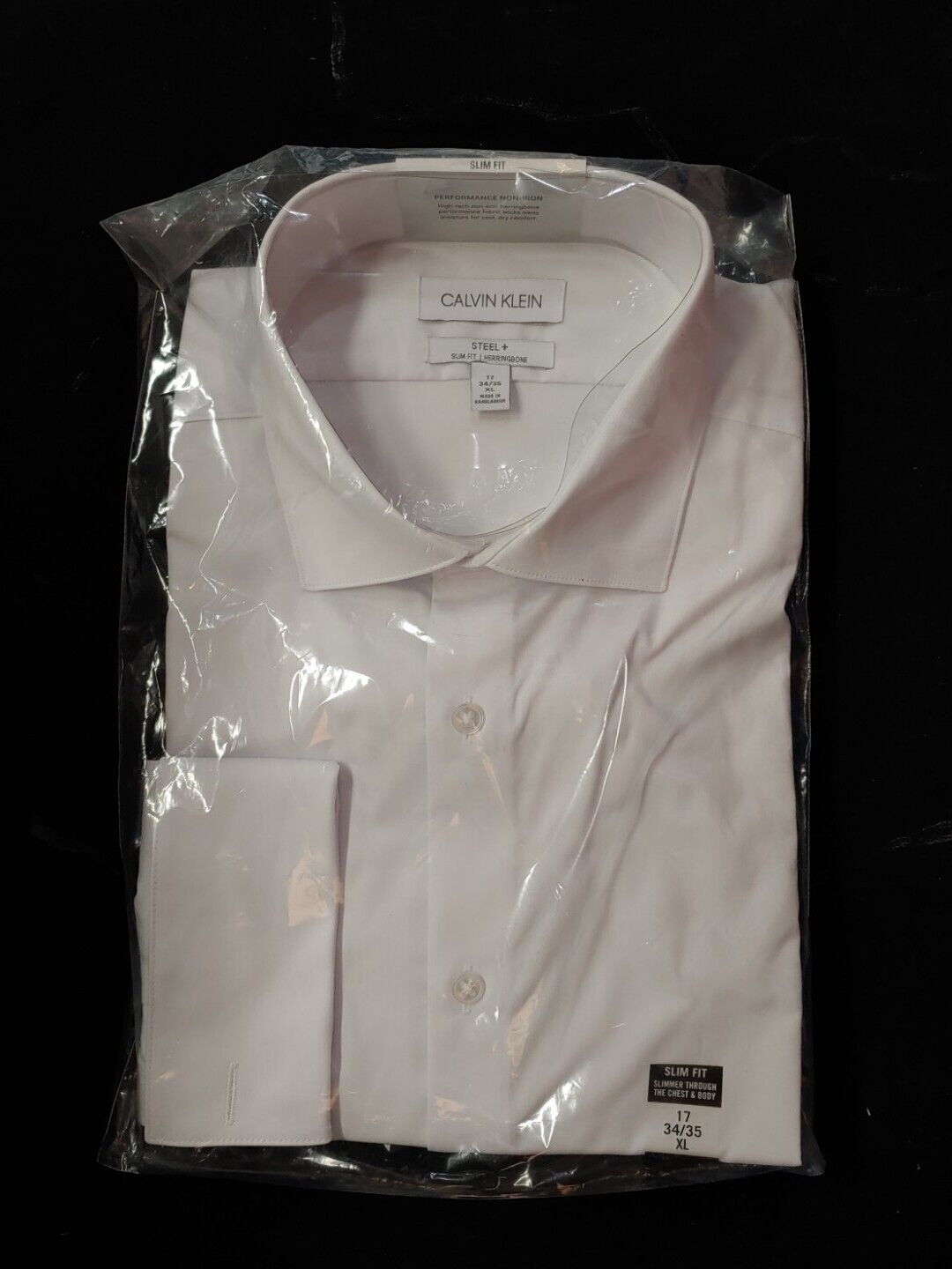 CALVIN KLEIN STEEL Slim Non-Iron Herringbone French Cuff Dress Shirt 17  34/35 Wt | eBay