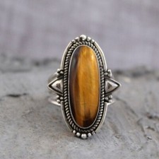 Solid-925 Sterling Silver Natural Gemstone Tiger Eye Beautiful Women Ring Gift