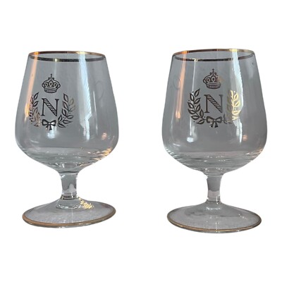2 LR Slovak Napoleon Crown Gold Gilded Brandy Sniffer 3/4'' Glasses Czech Vintage