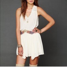 Free People Embroidered Waist Mini Dress size M Ivory Tribal Boho Festival