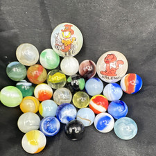 Mixed lot of 30 mostly vintage marbles w/2 character shooters