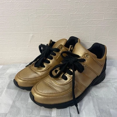 CHANEL Chaussures De Sneakers Femme Taille Or Noir Cuir Synthétique Véritable - Photo 1/4