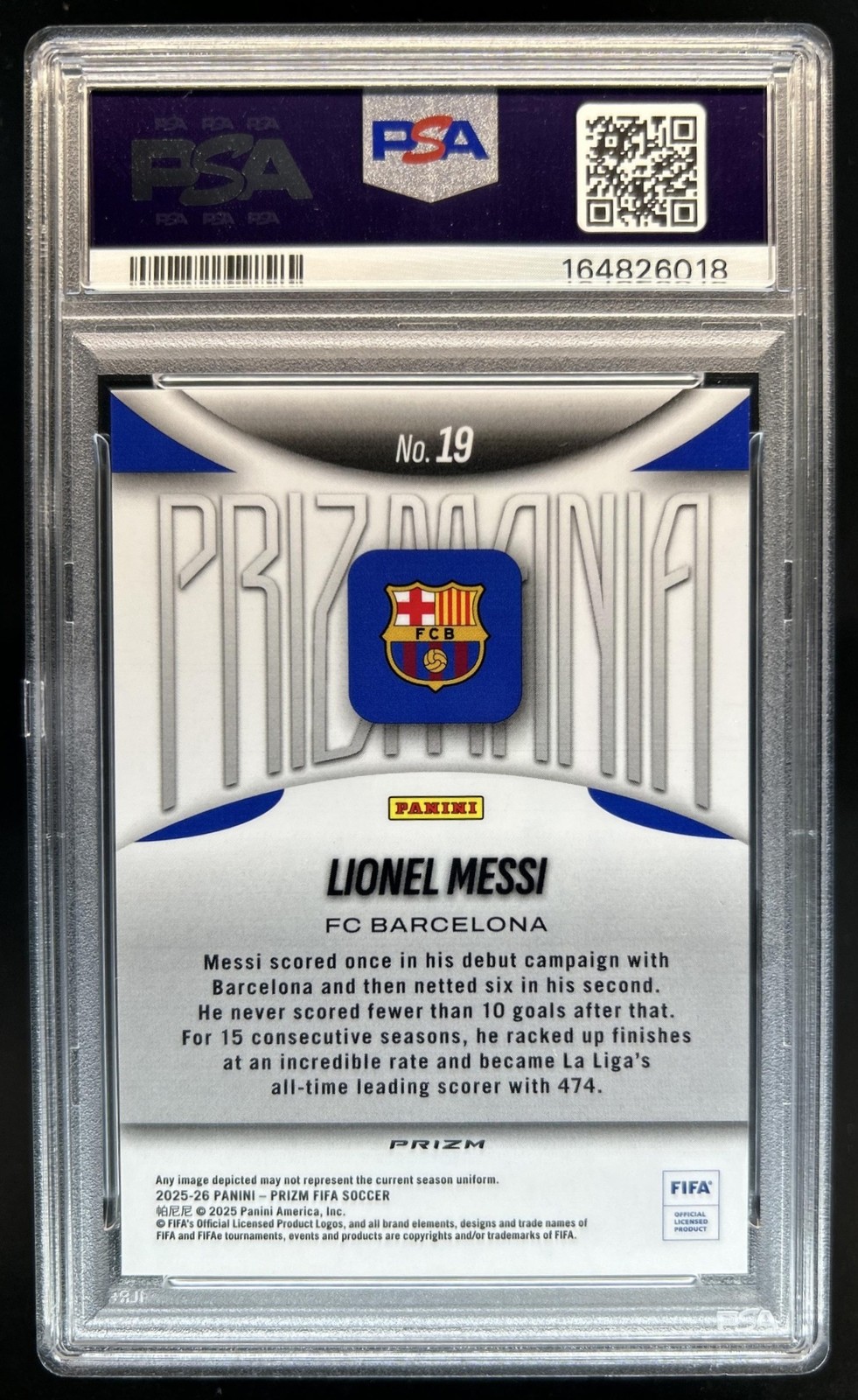 2025-26 Panini Prizm FIFA Lionel Messi Prizmania SSP #19 Barcelona PSA 9 view 2