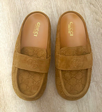 Gucci Brown Suede GG Logo Slip-On Loafers Round Toe Casual Unisex Adults US 9