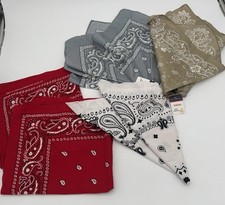 Lot Of 5 Paisley Bandanas Red Gray Tan White Western Cowboy Fast Color Compass