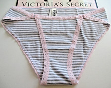 VICTORIA'S SECRET PINK Cotton Cheeky Panty S M L XL Gray White Stripe Lace Trim
