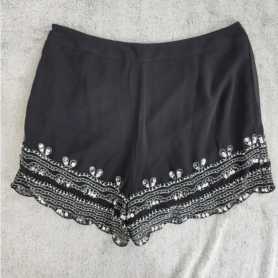 Pantalones Cortos I. Madeline Mujer M Negro Gasa Plateada Lentejuelas Cuentas Bordado Cremallera Foto 3 de 4