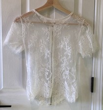 White Lace Sheer Short Sleeve Zip Blouse Floral Lightweight Round Neck