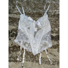 Vintage Fredericks of Hollywood White Lace Garter Corset Top Rhinestone 34