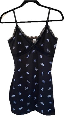  H&M Divided Black Butterfly Slip Dress Lace Trim Ribbed Cami Mini Dress Medium