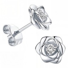 Cdrtnr Silver Rose Stud Earrings for Women  Hypoallergenic CZ Flower