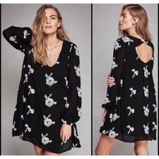 Free People Mini Dress Womens XS Black Floral Embroidered Boho Cottagecore
