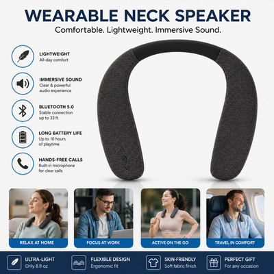 Bluetooth Wearable Neck Speaker Rechargeable Hands Free Music Speaker TV