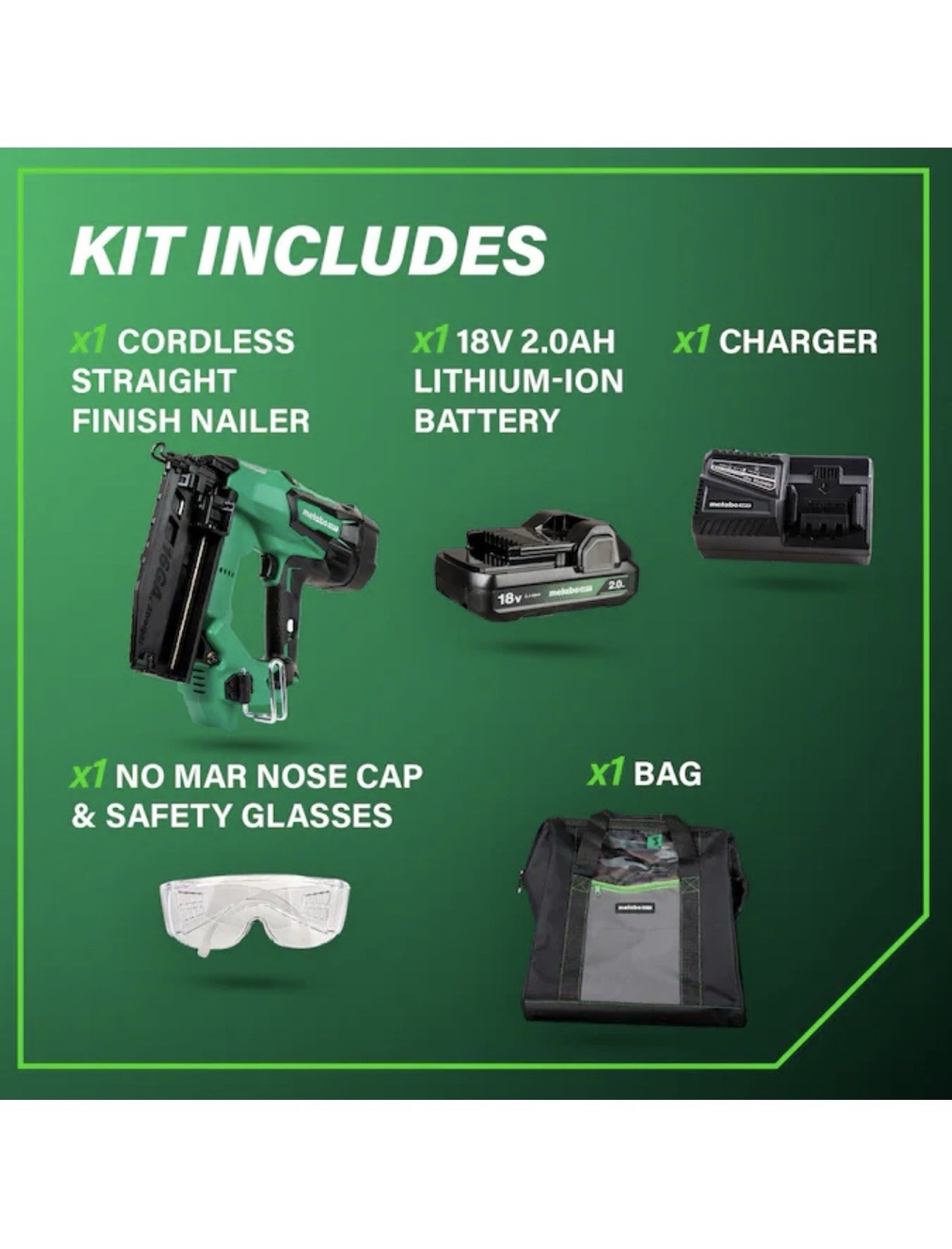 Metabo HPT NT1865DMST 18V 2.5" 16GA Cordless Finish Nailer w/Battery,Charger,Bag