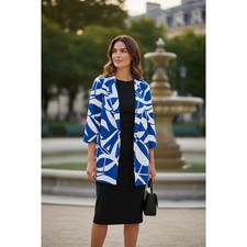 Chicos Geometric Blue Open Front Cotton Blazer Jacket Unique Modern Fun Sz 1 8 