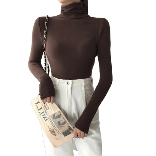 Women Solid Color Turtleneck Base Shirt Long Sleeved T-Shirt Slim Fit Top - Picture 18 of 32