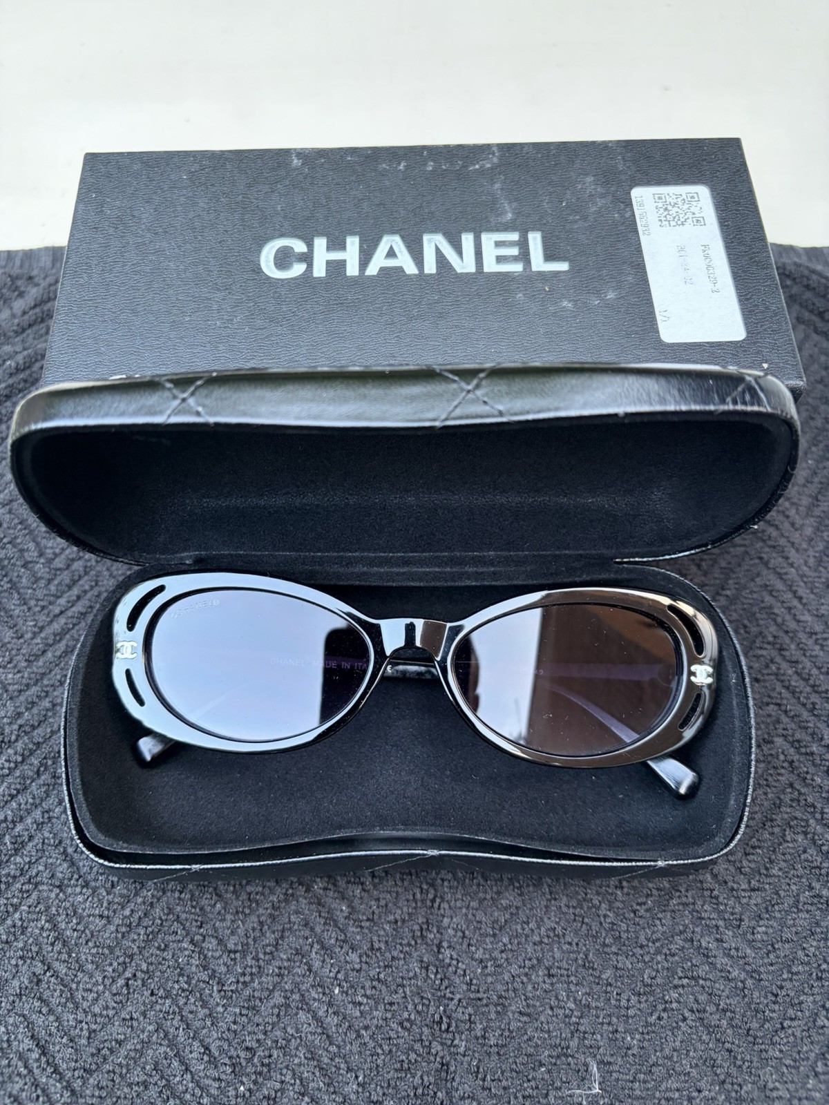 Women’s Sunglasses, Black with Quilted Leather Case - Chanel