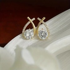 14k Yellow Gold Plated Fancy Stud Earring Round Cut 2Ct Lab Created Diamond