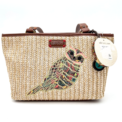 Sakroots Straw Faux Leather Owl Handbag Purse 12" x 7.5" x 3" NWT