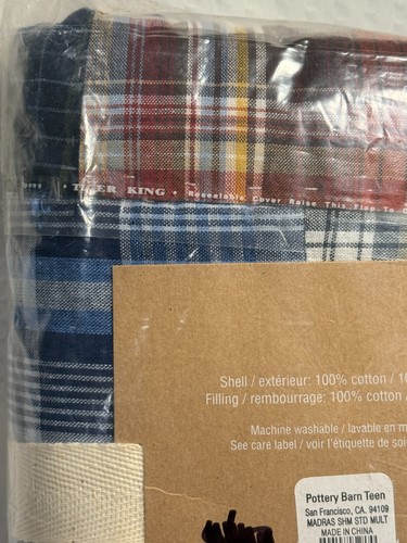 Pottery Barn Teen Madras Regatta Patchwork Sham Standard COTTON Blue Maroon NIP - Picture 5 of 9