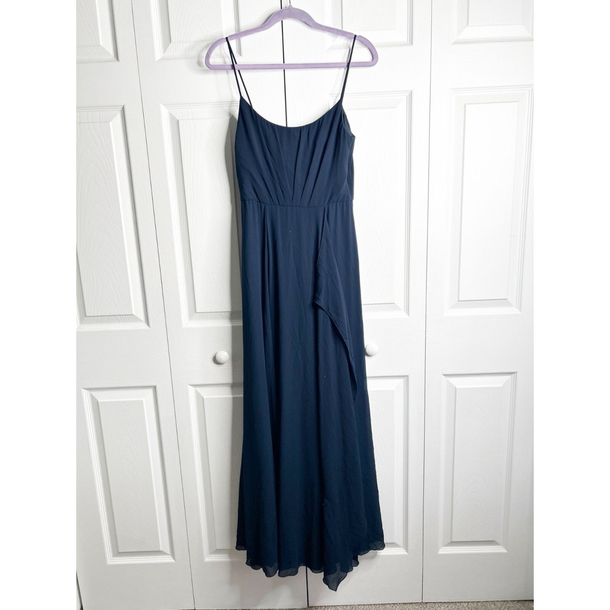 AMSALE Campbell Navy Blue Ruffle Chiffon Bridesmaid Maxi Dress Women's Size  4