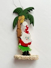 VTG Christmas Emgee Santa Hula Skirt Palm Tree Wood Ornament Hawaii 1970s Tiki