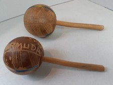 Vintage Pair of Bermuda Maracas 1960s Handmade Hand Carved Hand Painted 10" Wood