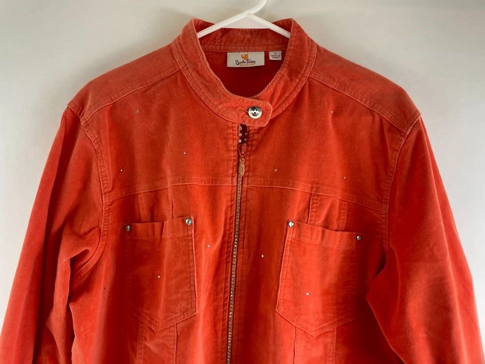 Quacker Factory Jacket Women's Size Large Orange Corduroy Jeweled Bling Full Zip - Image 3 of 4