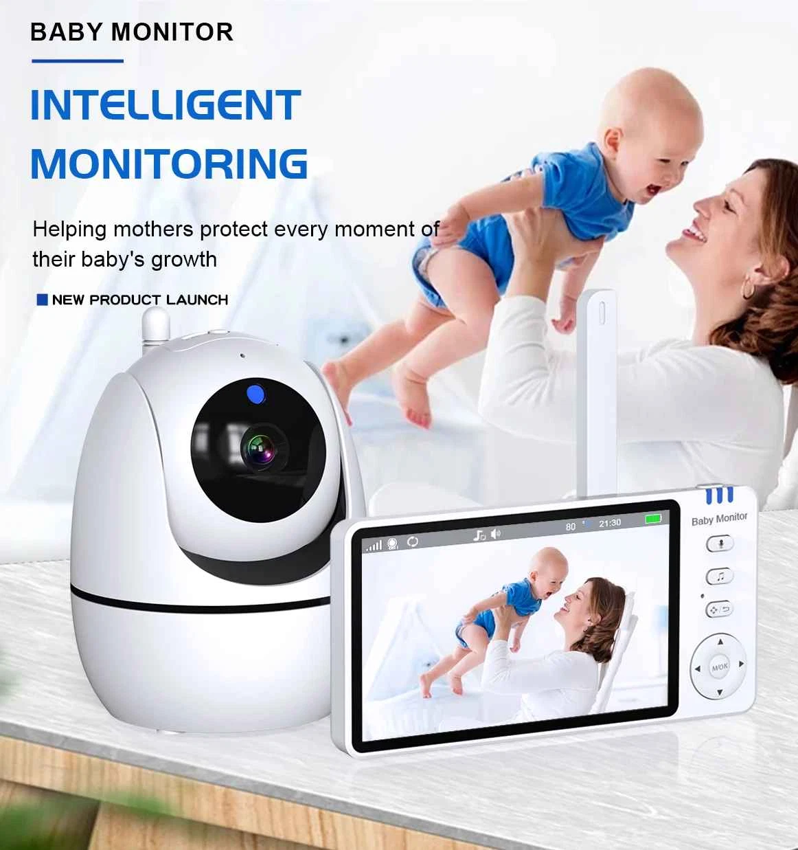 Video Baby Monitor Camera PTZ Zoom Surveillance Temperature Sensor Lullaby,5 Inch