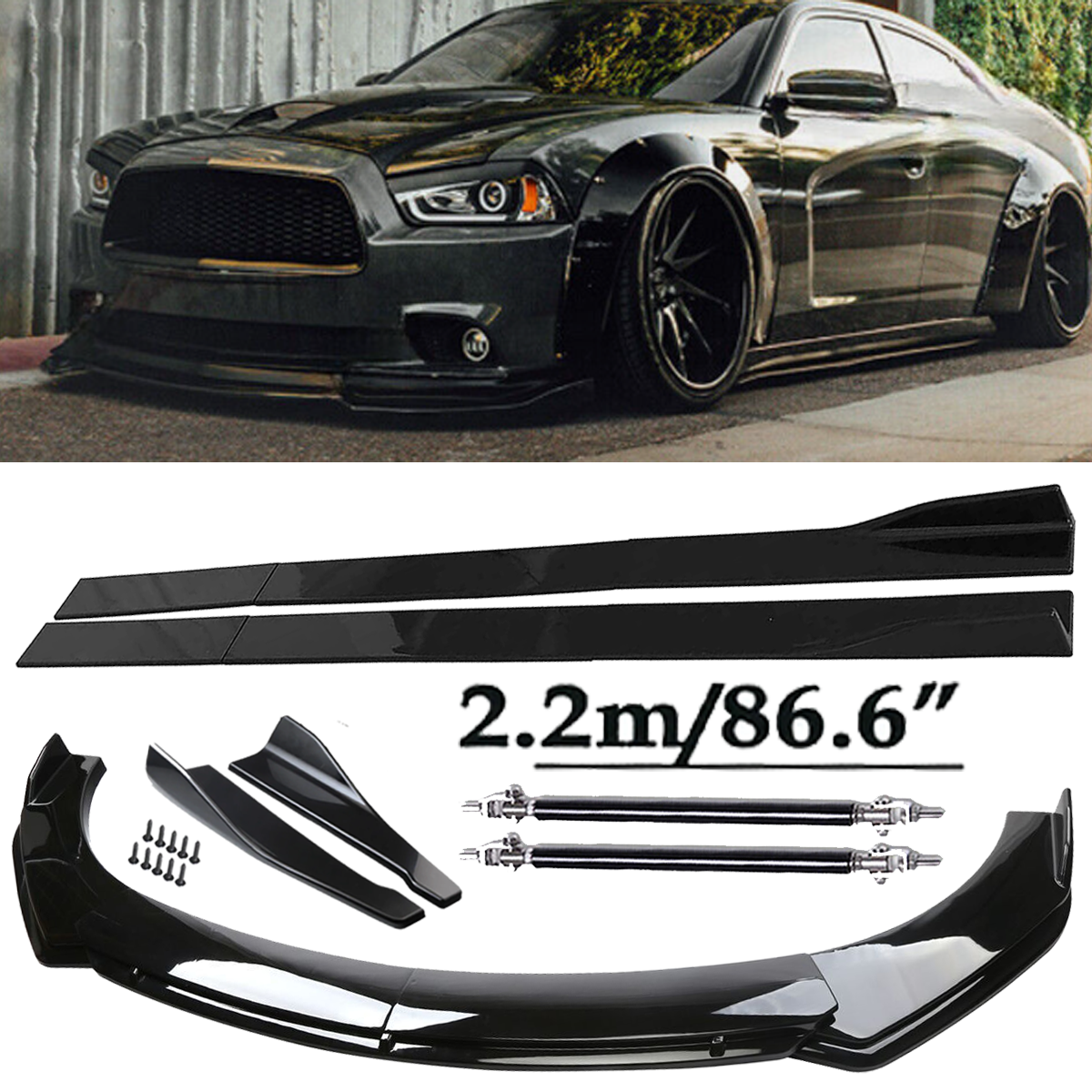 Front Bumper Lip Spoiler Side Skirts Rear Lip Glossy Black For Dodge Charger R/T