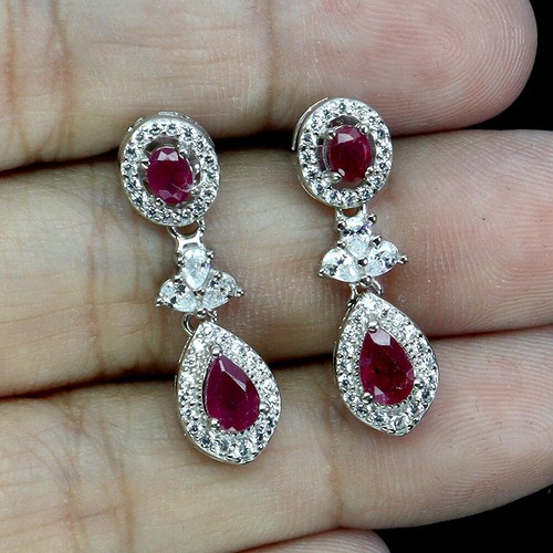 925 Sterling Silver Earrings Pear Ruby 6x4mm Natural Gemstone Jewelry - Picture 2 of 14