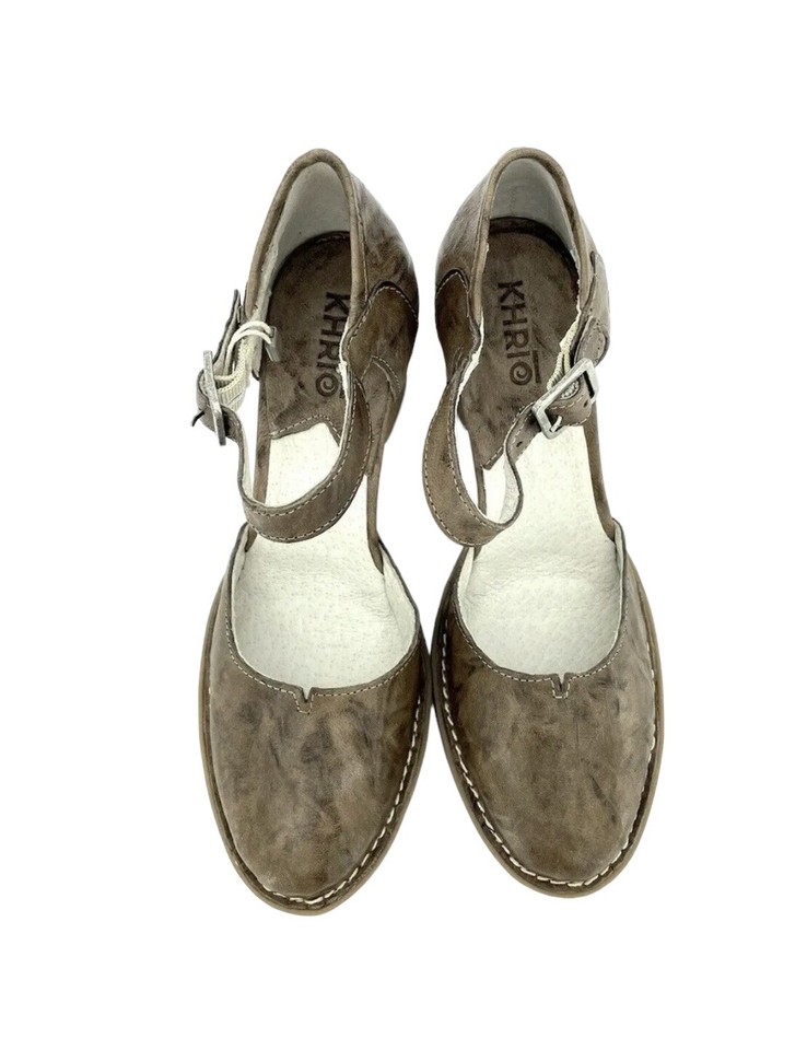 Khrio Brown Leather Block Heel Ankle Strap Shoes Heels Pumps SZ 36 EU 6