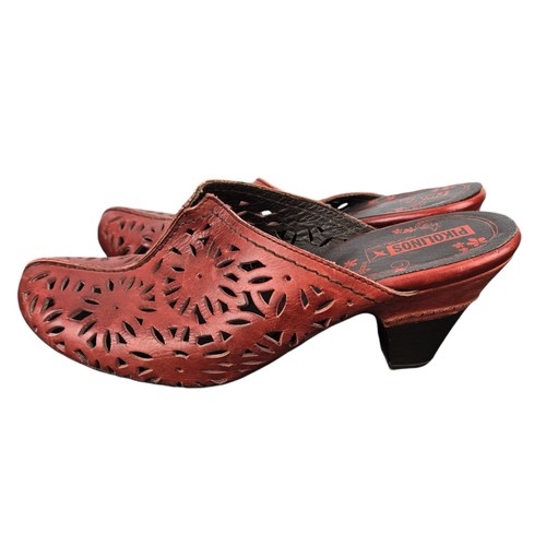 Pikolinos Red Laser Cut Slip On Mules Clogs Heels Sz 37 US 6.5 - 7 - Picture 3 of 12
