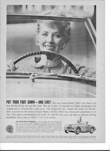 Original 1960 Austin Healey 3000 vintage print ad:  "Put your foot down and...."